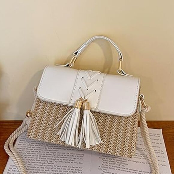 Neiman Marcus White Straw & Leather Flap Gold Hardware Crossbody - Picture 5 of 6